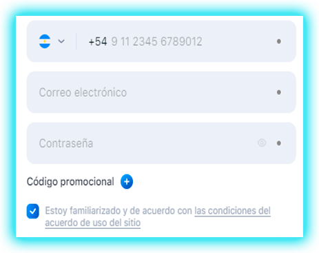 Verificación de datos y aceptación de las condiciones de 1win